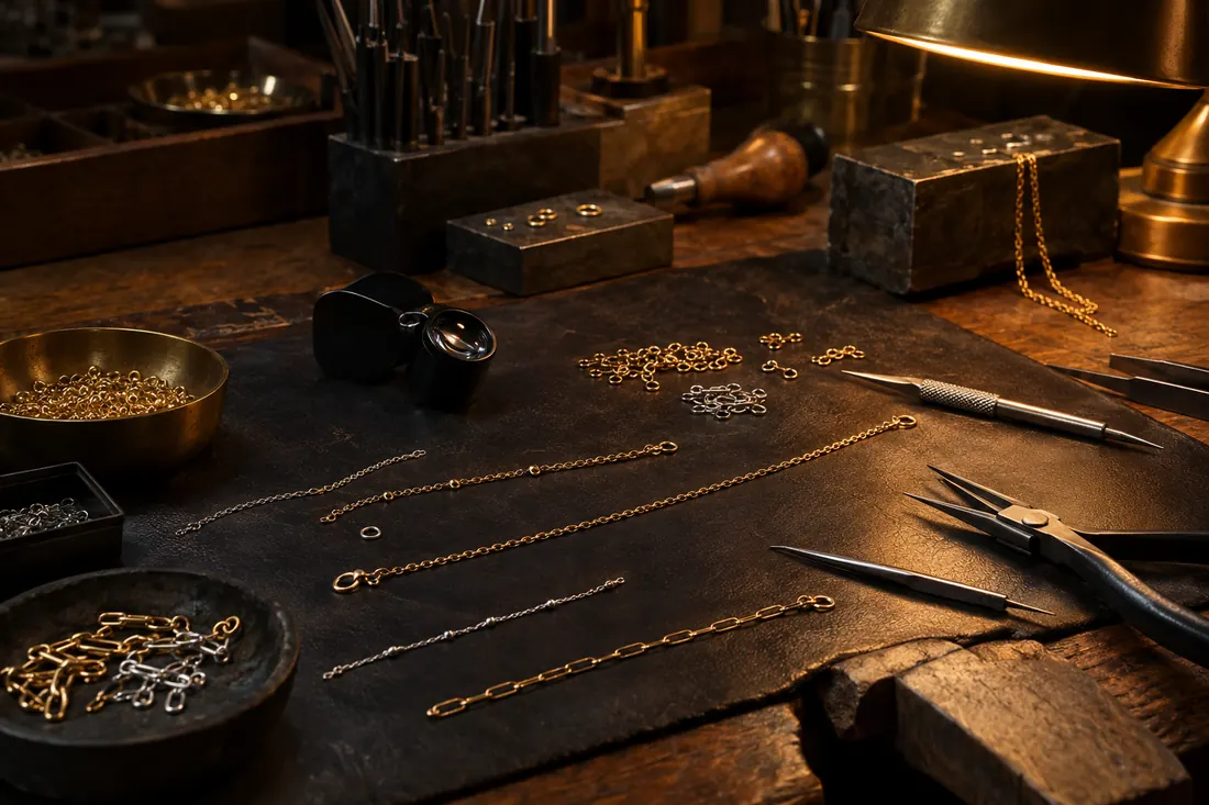 Jeweler's workbench with fine chains in progress
