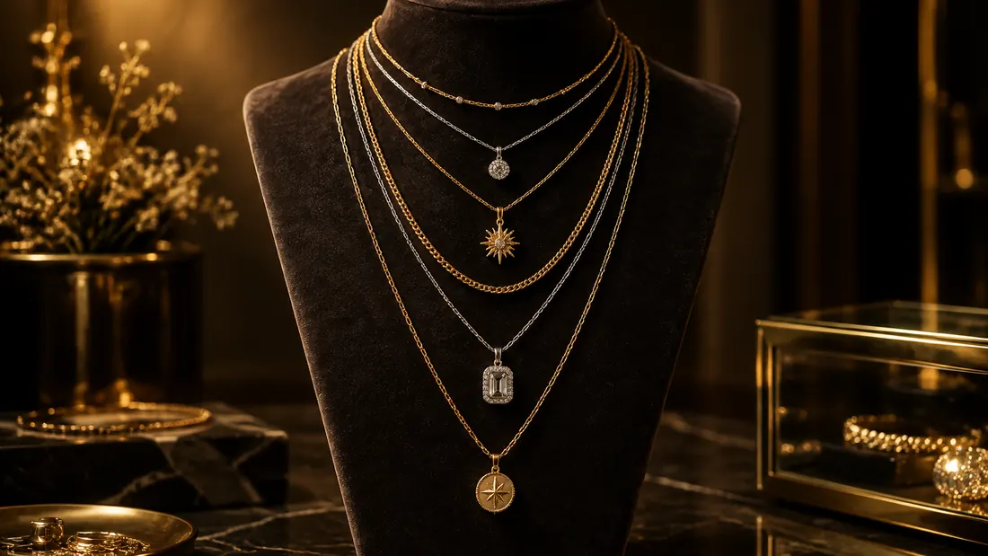 Layered gold and silver necklaces draped over a dark velvet bust