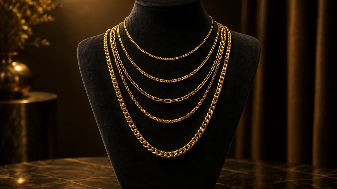 Gold chain necklaces of different lengths on a graduated display stand