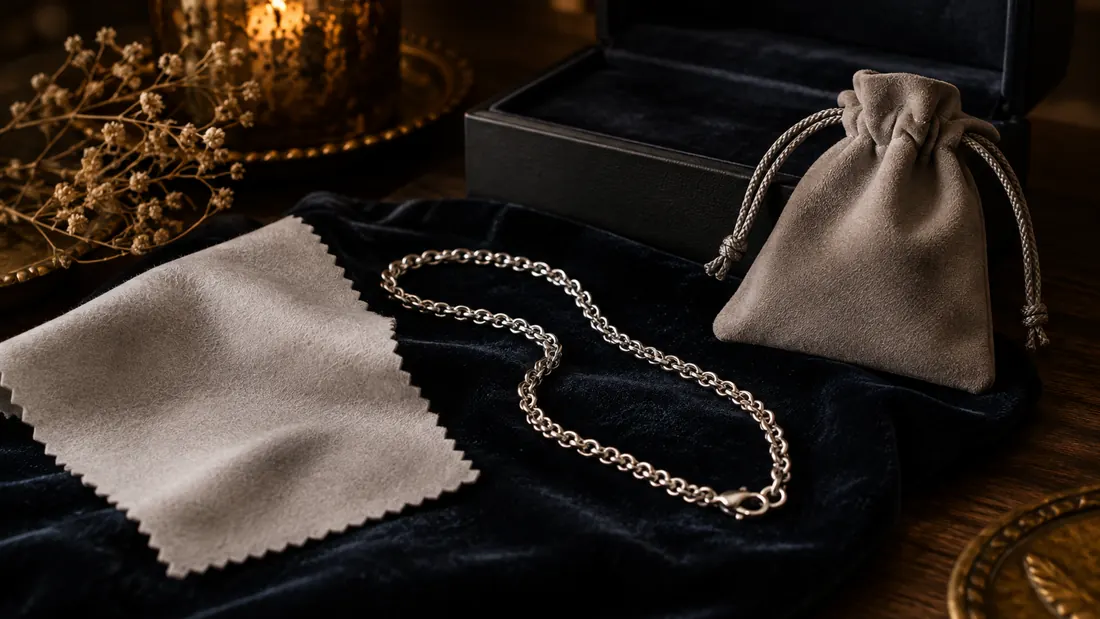 Polishing cloth beside a silver chain on dark velvet