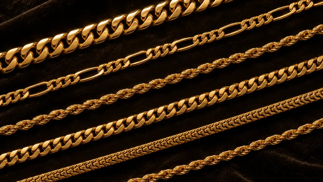 Cuban, Figaro, rope and Franco gold chains arranged in parallel rows