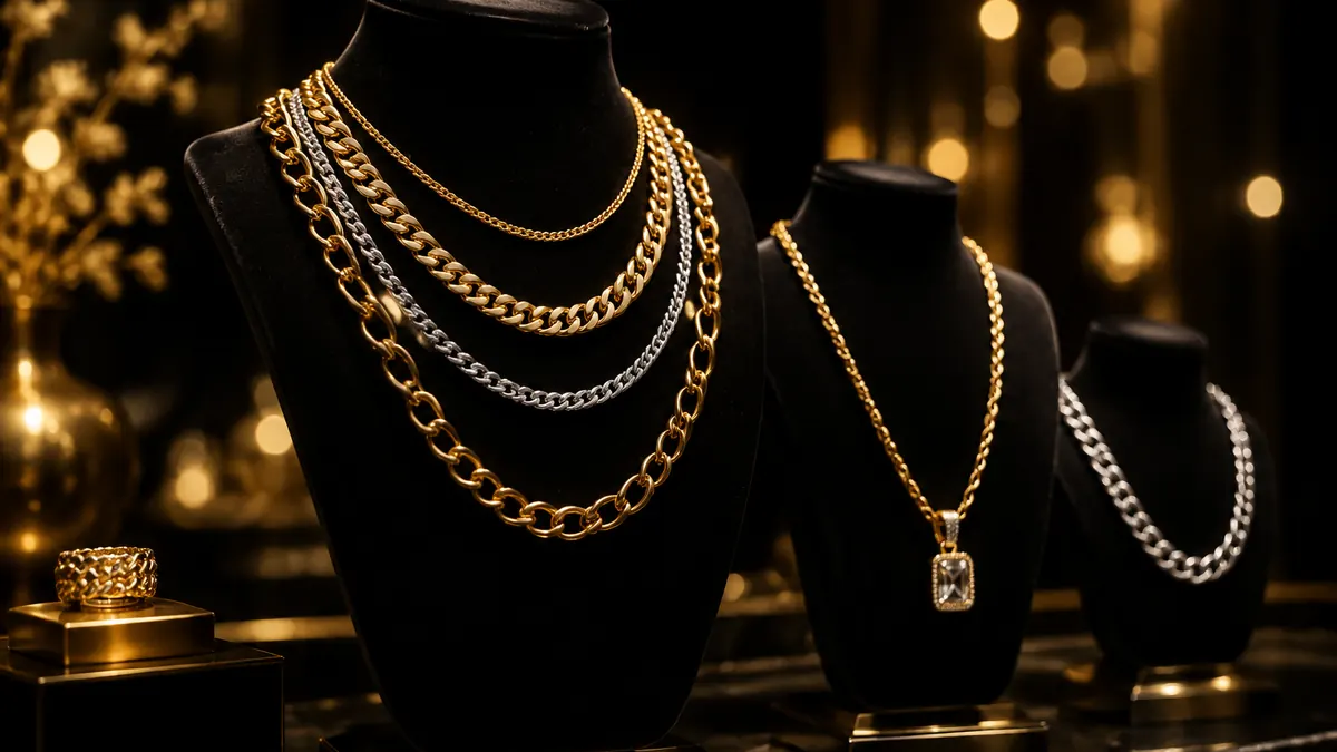 Gold and silver chain necklaces on dark velvet display