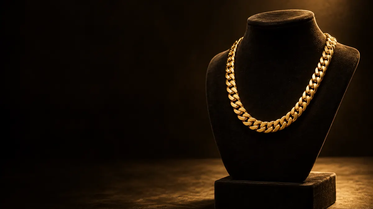 Gold Cuban link chain on a velvet display pedestal